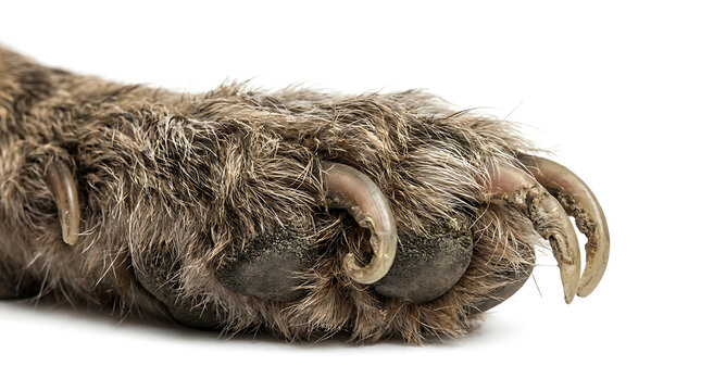 Close-up shot of a cat paw with sharp claws isolated on a clean white background