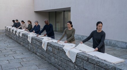 Fototapeta premium Diverse Textile Arrangement Ritual Outside Minimalist Civic Library