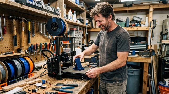 diy projects, a satisfied hobbyist reveals a freshly printed custom phone stand in a workshop
