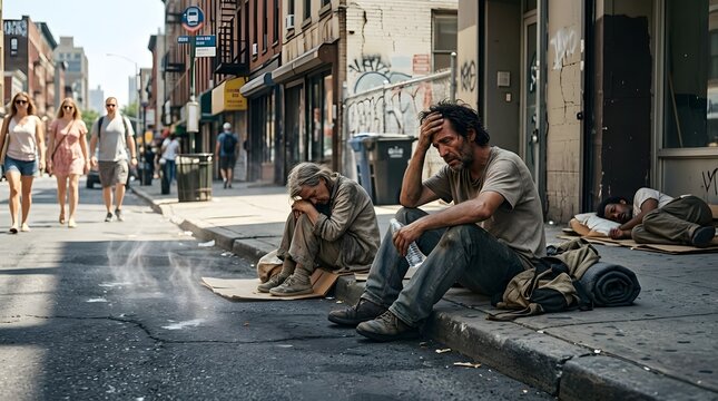 Despair on the streets, two destitute men sit by the roadside, their faces etched with hardship, while passersby stroll past, oblivious to their plight.
