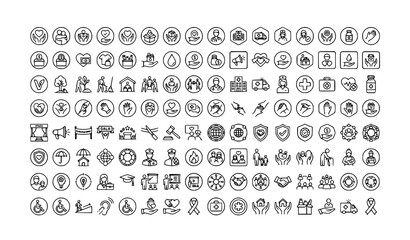 Fototapeta premium Modern Volunteering Charity and Donation Line Icons Set with Care Support and Community Elements Vector