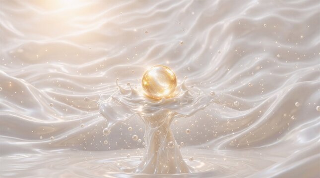 Luminous Golden Sphere Splashing in Pearlescent White Liquid Abstract Wallpaper