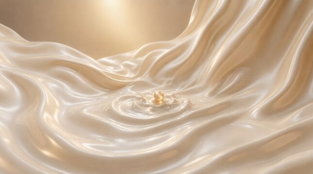 	
Elegant Silky White Liquid Waves with Golden Pearl Drop Abstract Background