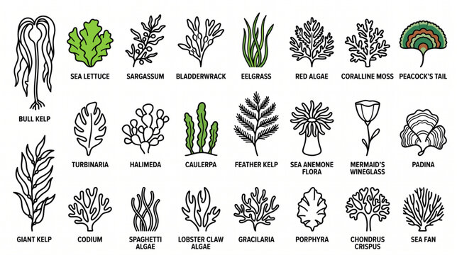 Seaweed Species and Marine Algae Line Art Icon Set with Labels Bull Kelp, Sea Lettuce, Sargassum, Eelgrass, Sea Anemone Flora, and Sea Fan Vector Illustration