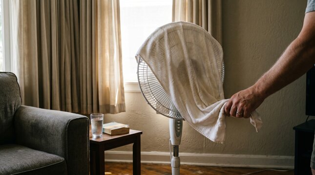 Improvised Wet Towel Fan Cooling Method Near Shaded Living Room Window