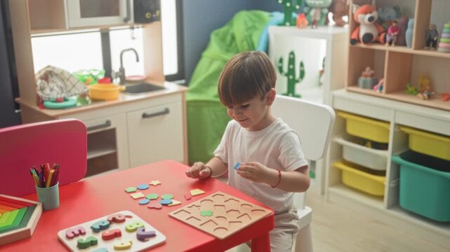 Boy holds a red wooden shape and reaches hand to fit pieces into a puzzle on a table in building; concentration learning play.