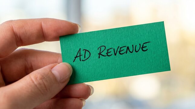 Hand Holding Ad Revenue Handwritten Green Tag Sign Blur	