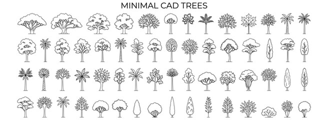Fototapeta premium Minimal CAD tree line drawing set with side view tropical and oak trees, architectural landscape symbols and clean outline elements for garden planning vector illustration