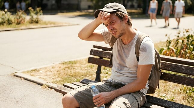 A weary man sits on a park bench, wiping sweat from his brow under the intense summer sun, clutching a water bottle for relief.