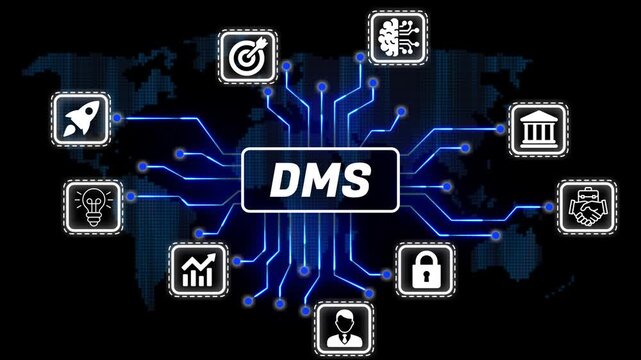 DMS business concept network with icons and teamwork digital technology abstract background for partnership growth communication innovation 4k video