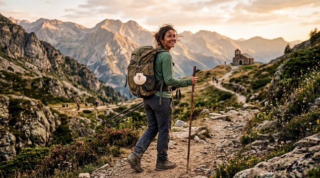 pilgrimage journey, a female pilgrim walks a mountain path at golden hour, carrying a scallop shell backpack