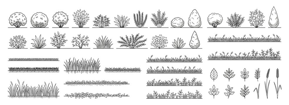 Minimal shrub and lawn CAD outline collection with side elevation grass sections, turf borders and ground cover elements for landscape architecture vector illustration