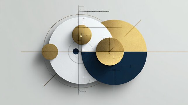 Minimalist abstract geometric composition with intersecting circles in gold, blue, and white, featuring technical blueprint lines for modern engineering.