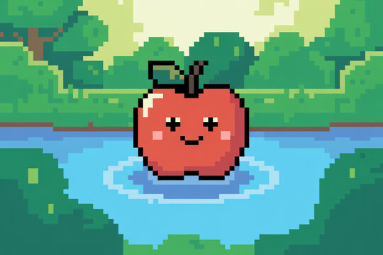Pixel art cute red apple fruit floating in river water with forest background.