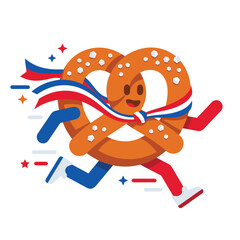 Cartoon Pretzel Character Running with French Flag Colors. © Anggur