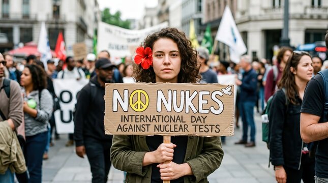 peace activism, an activist passionately holds a no nukes sign adorned with hibiscus