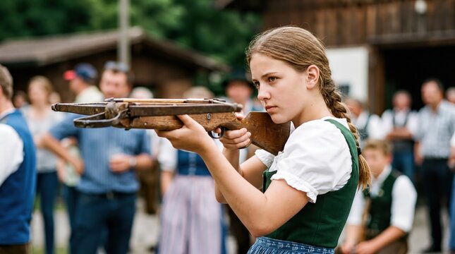 cultural archery event, a focused teen girl in traditional dress aims a crossbow during knabenschiessen