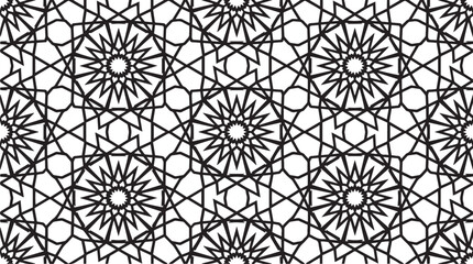 Seamless Black and White Geometric Pattern with Abstract Islamic Star Mandalas and Intricate Girih Lattice Grid