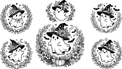 Obraz premium A collection of hand drawn black and white halloween ghost illustrations wearing witch hats surrounded by floral wreaths and bats on white background