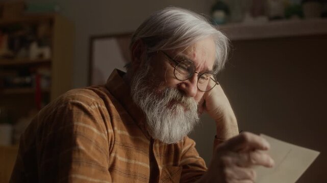 Chest up of senior Caucasian man looking at old photograph, taking off glasses and covering face while crying. Video is ideal for mental health awareness, senior loneliness, or grief support campaigns