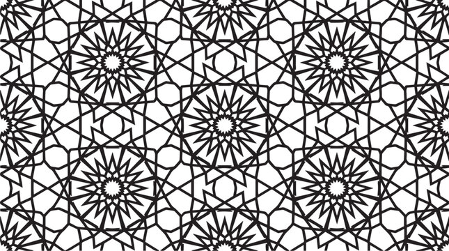 Seamless Black and White Geometric Pattern with Abstract Islamic Star Mandalas and Intricate Girih Lattice Grid