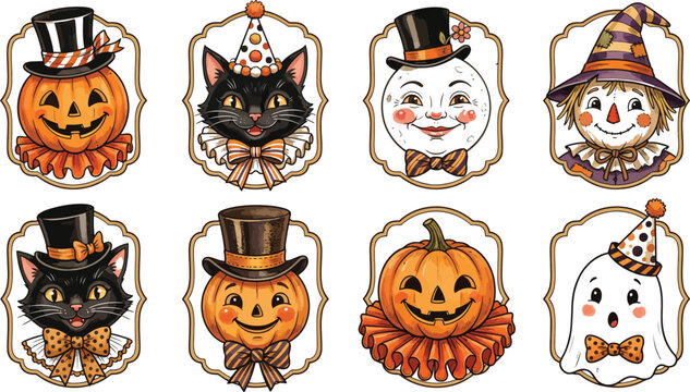 Vintage style watercolor illustration set featuring cute halloween characters like pumpkins black cats ghosts and scarecrows inside decorative frames on white background