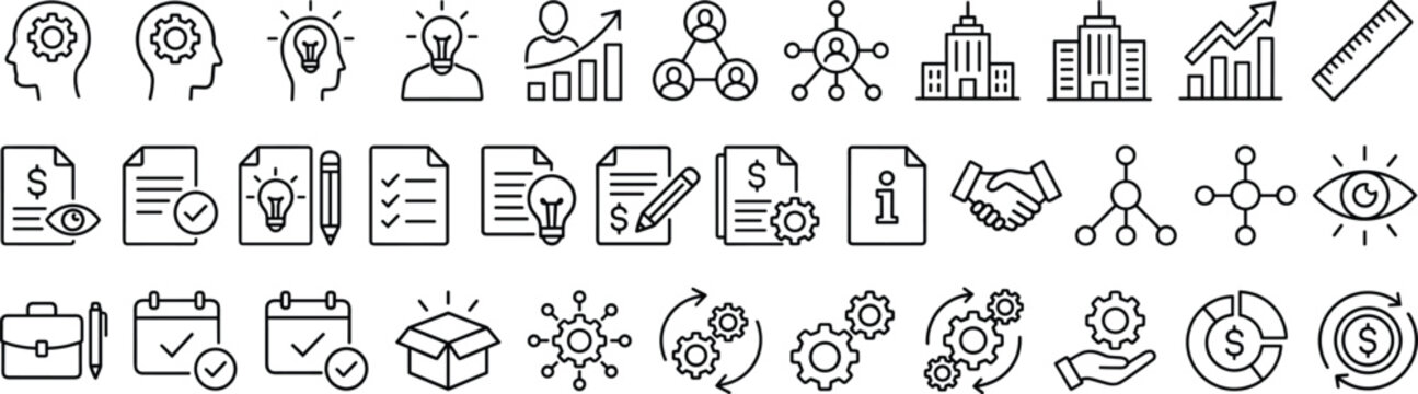 Business Planning and Organizational Management Line Icons Set Featuring Strategy, Growth, Finance and Innovation