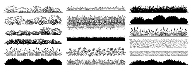 Minimal shrub and grass CAD line set with ground cover, turf edging and side view vegetation sections for architectural landscape elevation vector illustration © JIm Studio
