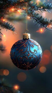 Blue christmas ornament hanging on tree branch with lights