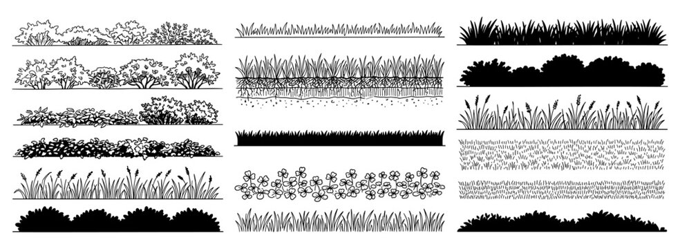 Minimal shrub and grass CAD line set with ground cover, turf edging and side view vegetation sections for architectural landscape elevation vector illustration