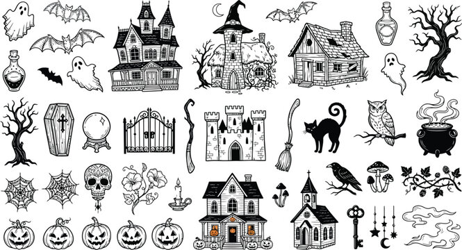 Set of hand drawn halloween elements featuring haunted houses ghosts bats pumpkins skulls cats and spooky trees isolated on a white background design