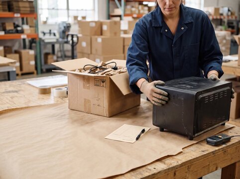 Warehouse worker repacking returned electronic device