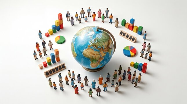 global demographics, a globe encircled by diverse mini figures and graphs, symbolizing population data