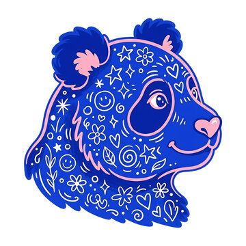 Cute blue panda head illustration with doodle patterns isolated on transparent background