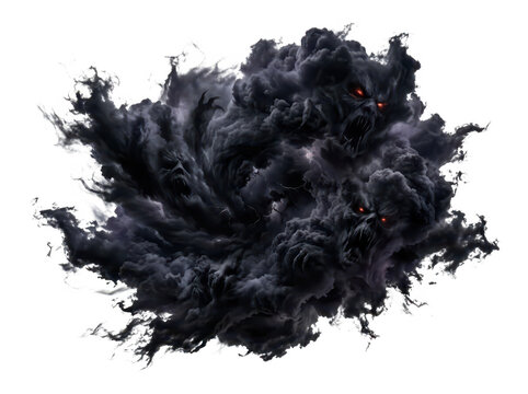 Aggressive demonic entities with glowing red eyes appearing in dark swirling smoke isolated on transparent background