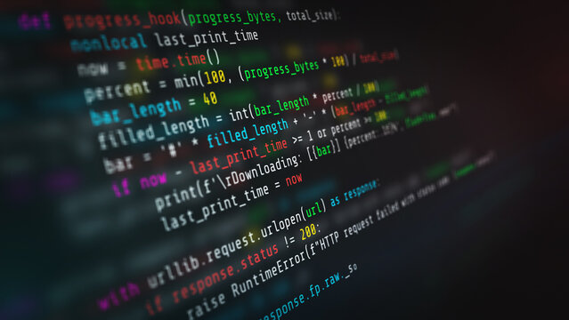 Abstract digital binary code and computer programming source text on screen representing software development data security and information technology background