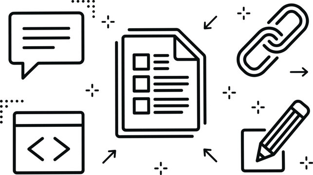Content management and web development linear icon set with document checklist hyperlink coding bubble vector illustration