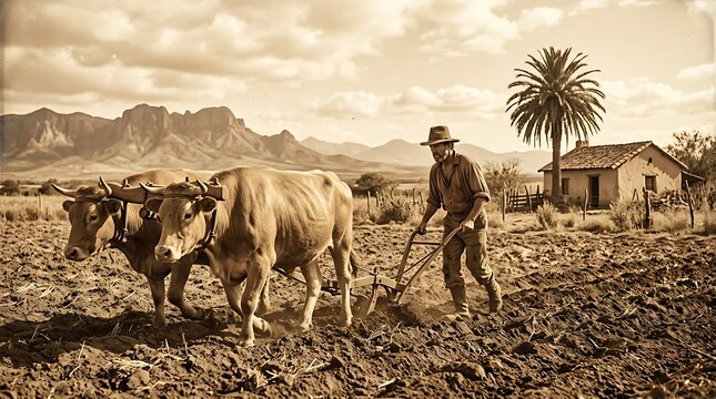 A farmer plowing a field with two oxen in a rural landscape