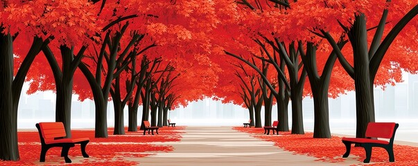 Fototapeta premium A serene autumn avenue lined with red maple trees and benches under vibrant fall foliage