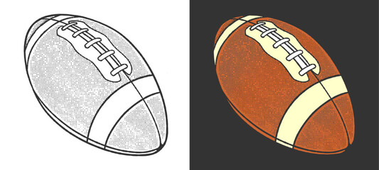 Obraz premium American football ball halftone texture sports icon layout. Angled rugby element with retro dotted shading and dual background options for athletic apparel graphic design clip art.