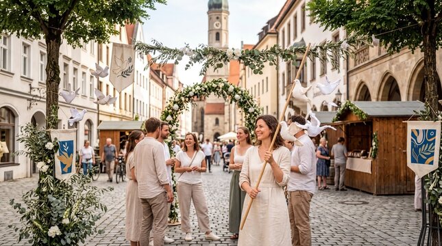 cultural celebration events, a serene gathering at the peace festival features doves and harmonious motifs