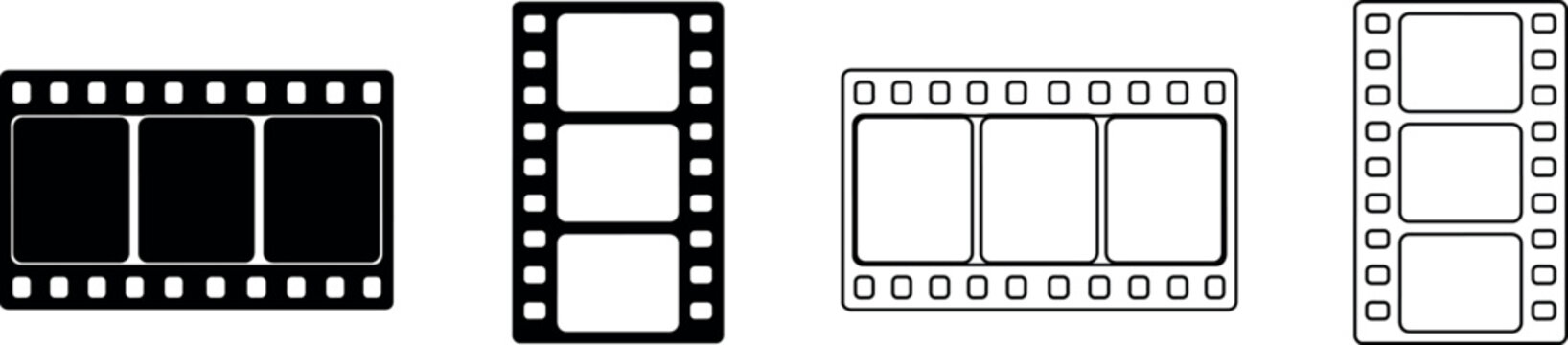 Collection of film strip icons in black and white, horizontal and vertical orientations