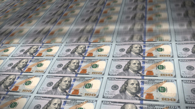 Printing money factory supply institution treasury reserve fund, government finance production bill flow to the market and fast motion blur