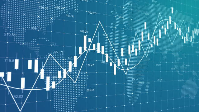 Graph chart of stock market investment trading concept, financial chart with uptrend line graph and world map