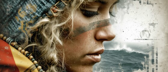 Fototapeta premium Side profile portrait of blonde woman with facial paint wearing hood near stormy coastline in muted daylight Concept of inner strength
