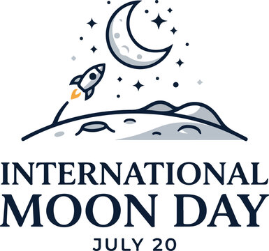 International moon day july 20 vector minimalist line art with rocket spaceship moon and stars