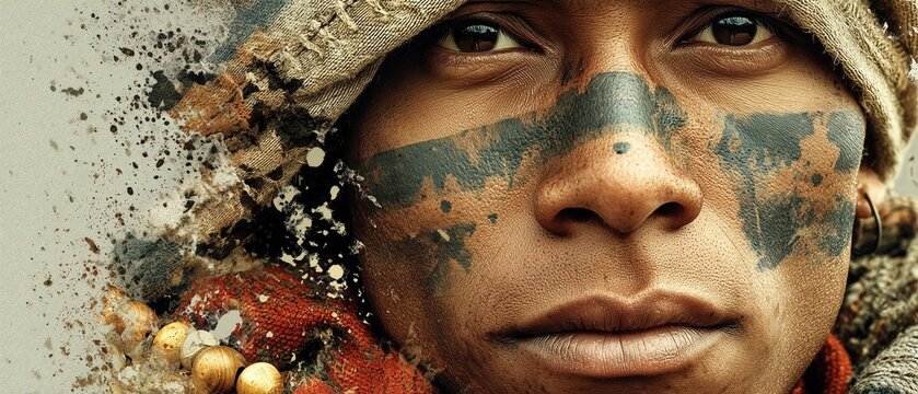 Close up portrait of indigenous woman with painted face wearing hooded garment and beads looking forward in soft daylight Concept of ancestral traditions