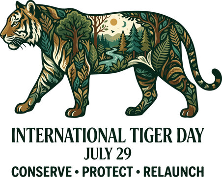 International tiger day conserve protect relaunch vector silhouette with double exposure forest landscape concept design