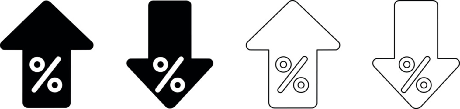 Percentage up and down arrows, solid and outline styles for financial concepts