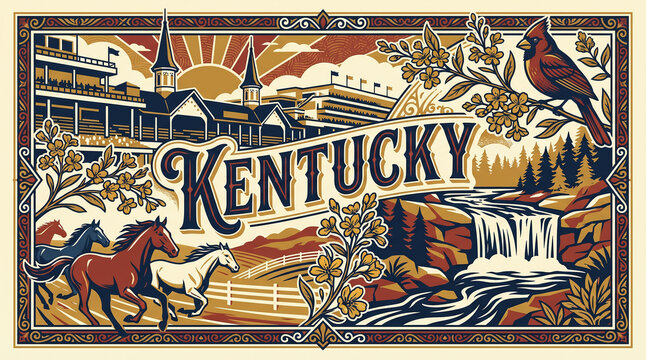 Kentucky state vintage poster illustration with Churchill Downs twin spires, running horses and Cumberland Falls on cream background